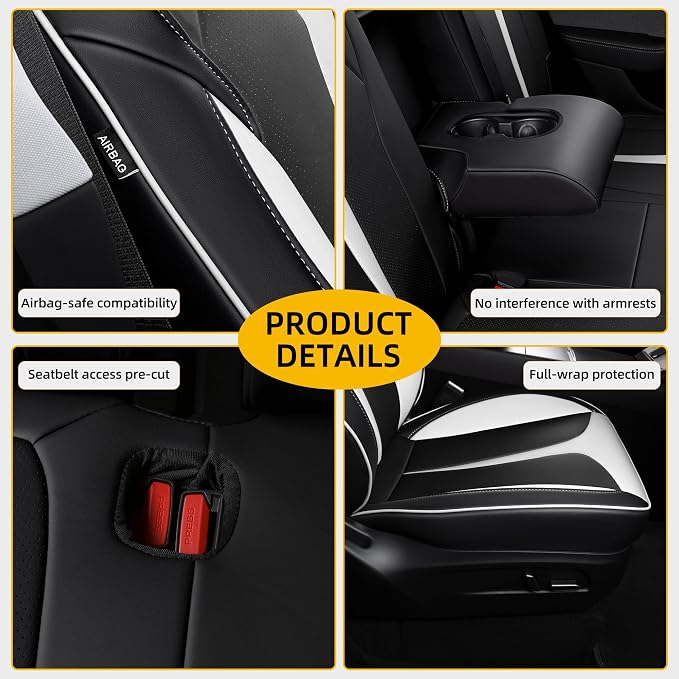 Custom Seat Covers for 2025 2026 Tesla Model Y Juniper 5-Seater Black+White | Waterproof Breathable Nappa Leather, OEM Factory Style Full Set, Full Coverage Design with Armrest Covers, Airbag Compatible - Image 8