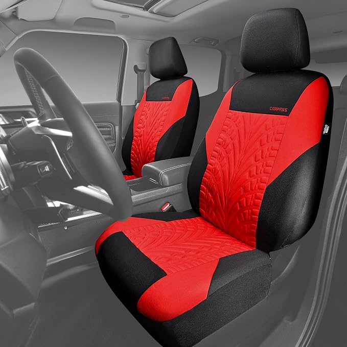 CAR PASS Car Seat Covers Two Front Only for Car, 3D Tyre Print Automotive Interior Covers, Airbag Compatible, Quick Setup Universal Fit Seat Covers for Car, Truck, SUV(Black Red) - Image 4