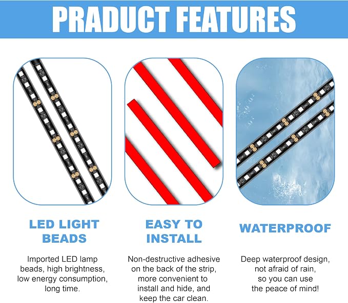 Car LED Strip Light, 24 LED 12V Cigarette Lighter Port, Blue | RGB Neon Auto Interior Atmosphere Lights, Under Dash Ambient Night Light, Universal Decorative Lamp Accessory for Car Truck - Image 3