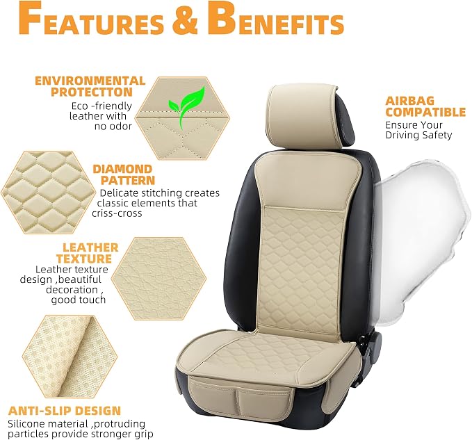 Elantrip Leather Car Seat Covers Front 2PC Waterproof Universal Fit Beige | Elegant beige diamond-quilted faux leather — waterproof, soft & easy to clean - Image 3