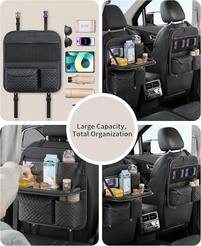 PU Leather Backseat Car Organizer with Foldable Tray & Tablet Holder Black | Luxury diamond stitching,anti-rattle design,universal vehicle compatibility,family road trip essential storage - Image 5