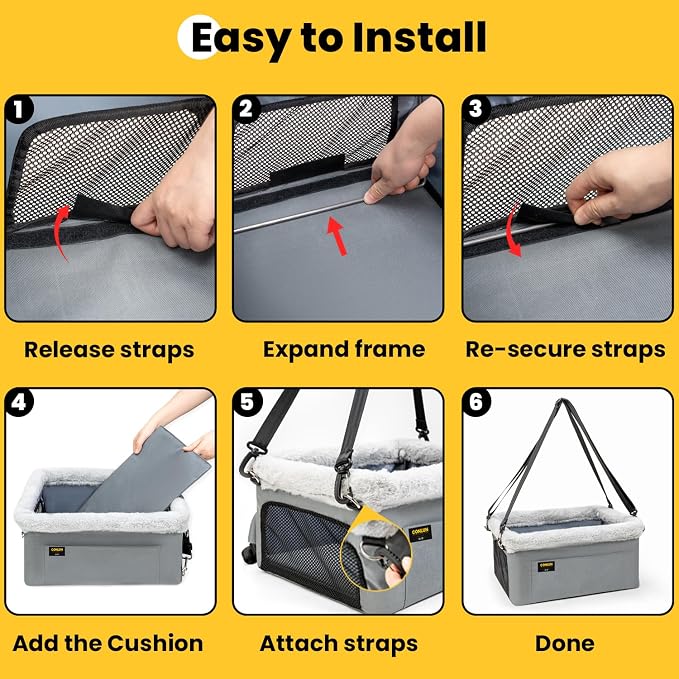 Conlun Dog Car Seat Booster | Steel Frame Anti-Collapse | Small Pet | Grey | Heavy-duty Oxford | Rigid Skeleton Stops Wobbling | Leash Prevents Escapes | Elevated Pet Booster for Calm Car Trips - Image 8