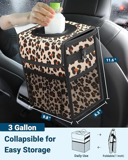 Capolo Car Trash Can with Lid, Leakproof Car Garbage Can Car Trash Bag | Waterproof, Trash Can for Car, 3 Mesh Pockets, Mini Hanging Vehicle Car Trash Bin, for Back/Front Seat (Leopard,3 Gal) - Image 2