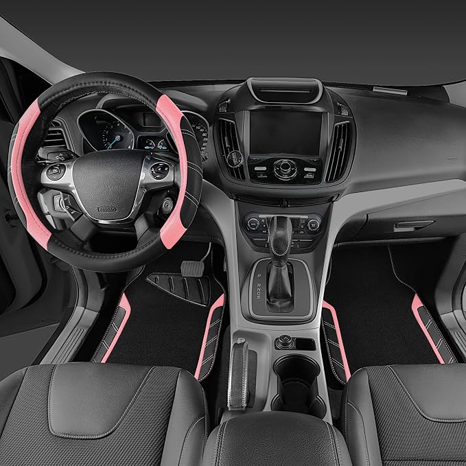 CAR PASS Microfiber Steering Wheel Cover and Waterproof Car Floor Mats,Leather Universal Car Combo Fit for 95% Truck,SUV,Cars,14.5-15inch Sporty Anti-Slip Safety Comfortable Design(Black and Pink) - Image 2