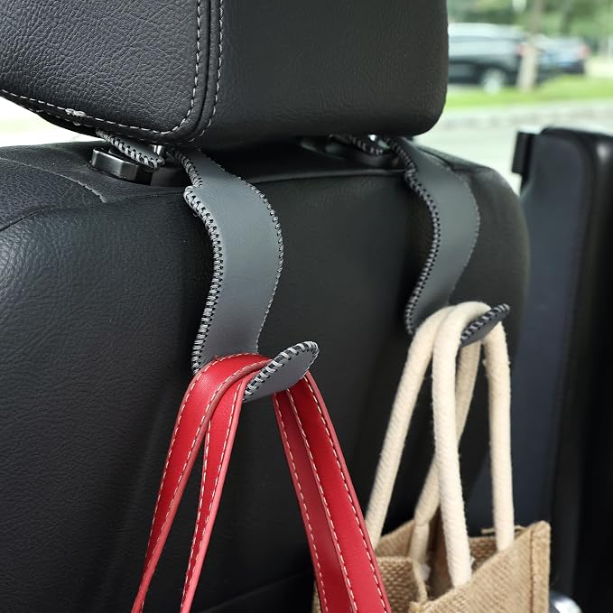 Car Seat Headrest Hook 55lb Heavy Duty Metal Hanger with Leather for Bags | Universal Fit car SUV Truck, Premium Microfiber Leather, Metal Core, Hang Purses Groceries Handbag Backpack, 2 Pack Grey - Image 7