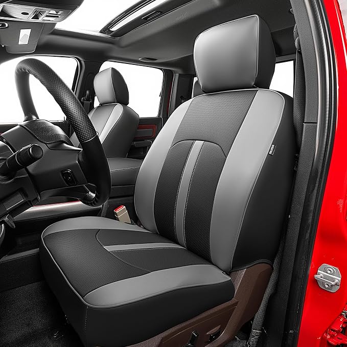 Seat Covers Custom Fit for Dodge 2009-2018 Ram 1500 Crew Cab,Black/Gray | Custom Fit Faux Leather Full Set,Waterproof & Wear-Resistant,Fits for 4th Gen Ram 1500 Big Horn/SLT/Lone Star,Easy to Clean by Vidokena