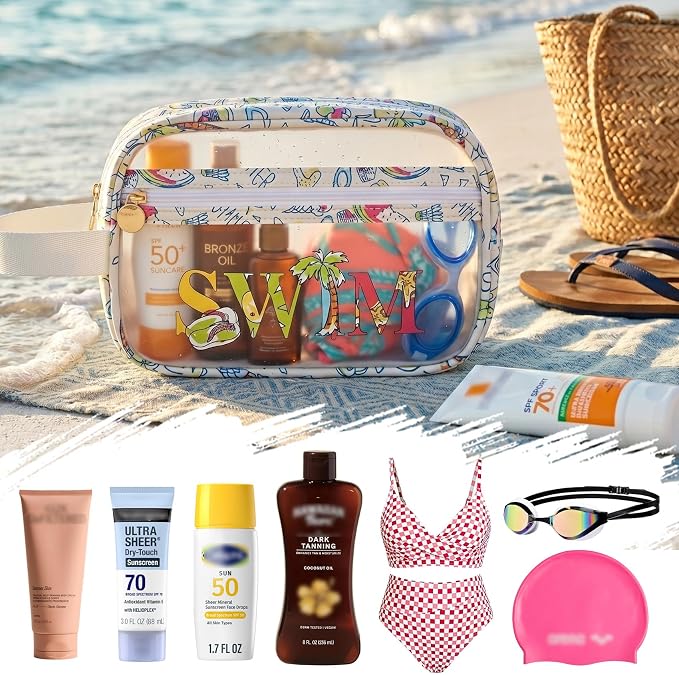 COSHAYSOO Clear SWIM Bag Swimming Pool Day Accessories for Women Teen Girls Bikini Swimsuit Goggle Cap Sunscreen Hair Makeup Organizer, Cute Swimmer Team Gifts Travel Waterproof Small Pouch, Tropical - Image 5