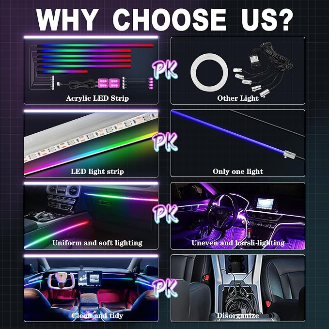 Dreamcolor Acrylic Interior Car LED Strip Light with Wireless APP Control, RGB 14-in-1 Ambient Lighting Kit with Music Sync, Dynamic Color Chasing Neon Light Kits for Car Interior - Image 2