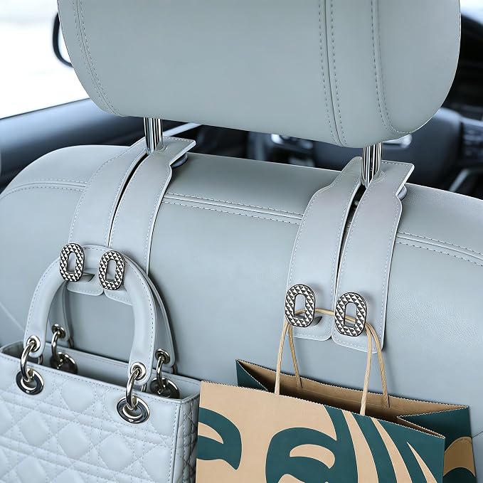 Car Headrest Hooks Universal Car Purse Hook Premium Leather and Alloy Twin Hook Car Seat Back Storage Hanger Hook for Purse Bags Cloth Drink Durable Holder Car Accessories (BH09-Grey-Black-4 Pack) - Image 7