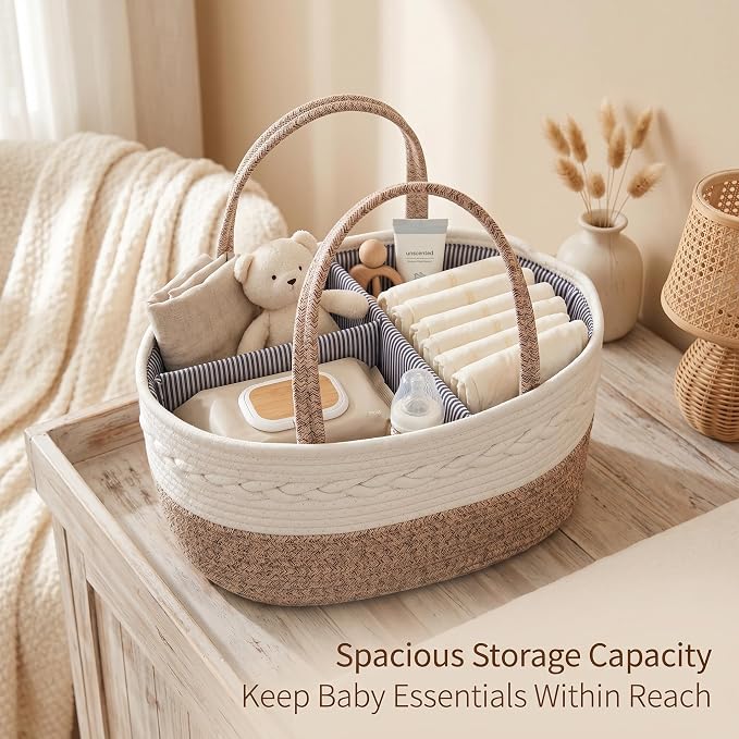 Baby Diaper Caddy Organizer with Removable Compartments, 14.2"L x 7"W x 8.7"H, 100% Handmade Woven Cotton Rope, Portable Nursery Storage Basket for Car and Changing Table, Shower Newborn Gift - Image 2
