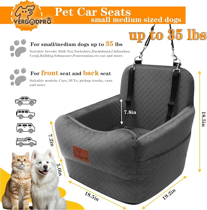 Dog Car Seat for Small Medium Dogs,Portable Pet Booster Seat with Safety Strap & Removable Washable Pad,Memory Foam Dog Travel Bed for Car,SOFE Velvet for Puppies Cats（M-Grey） - Image 3