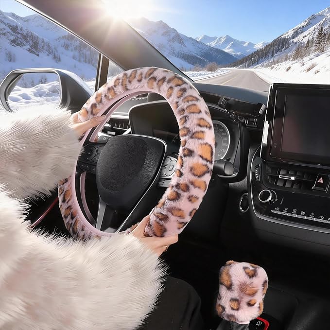 SEG Direct Fluffy Furry Steering Wheel Cover Fuzzy Gear Shift Pink Leopard | 2 PCS Set, Soft and Warm, Cute Fur Auto Car Decor, Standard Size 14.5- 15 inch for Women Men - Image 6