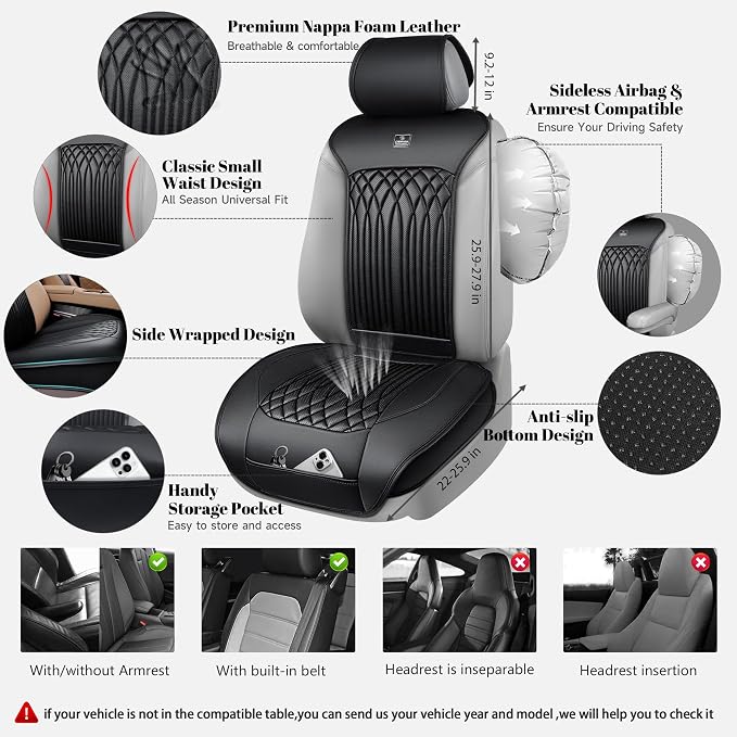 CAR PASS Car Seat Protector, Sideless Seat Covers for Cars, All Season Waterproof Nappa Leather Breathable Front Seats Cushion with Storage Pocket Universal Fit Vehicle Car SUV Truck, 2 Pack All Black - Image 2