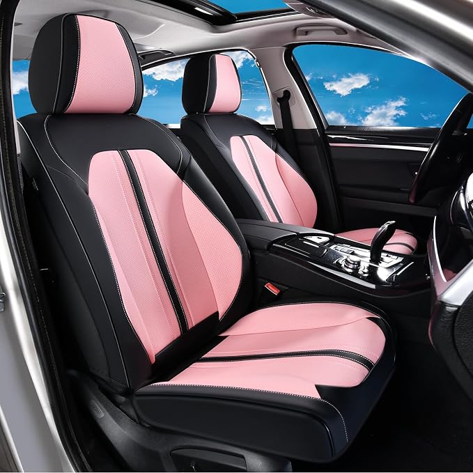 Huidasource Seat Covers Full Set, Luxury Faux Leather Seat Covers, Velcro Adjustable, with Airbags, Thinning Design Perforation Cooling＆Heating Universal Fit for Most Cars Vans Trucks SUVs, Black&Pink - Image 2