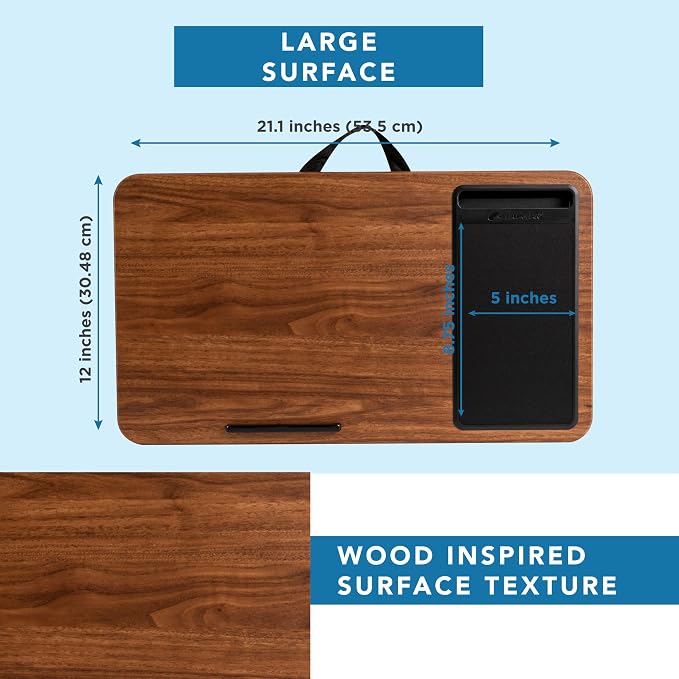 LAPGEAR Home Office Lap Desk – Espresso Woodgrain, Fits 15.6” Laptops | Built-In Mouse Pad & Phone Slot, Integrated Device Ledge, Dual-Bolster Microbead Cushion, Carry Handle - Image 5