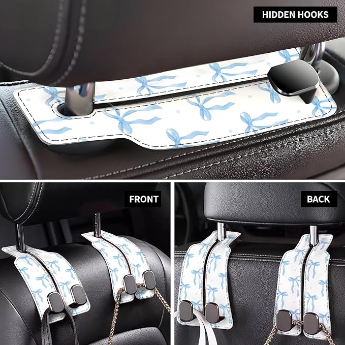 Car Seat Back Storage Headrest Hook, Premium Leather Double Metal Hook, Hanger Storage Organizer for Purse Cloth Bag, Car Interior Accessories Blue Cute Bowties - Image 4