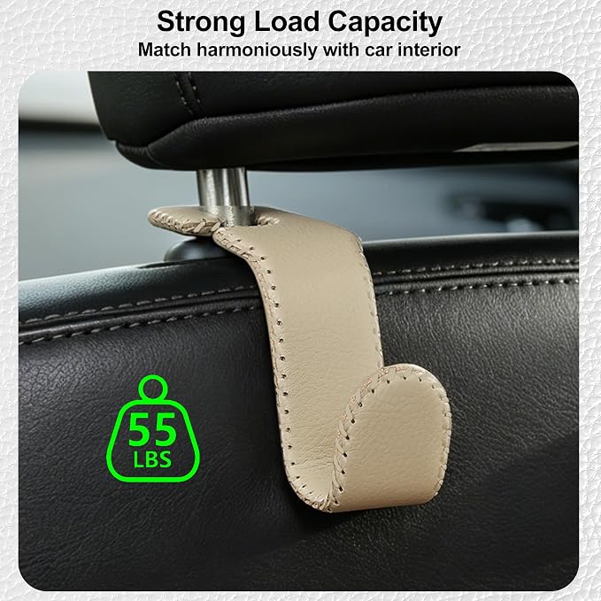 Car Seat Headrest Hook Heavy Duty 55lb Metal Hanger with Leather for Bags | Universal Vehicle Seat Back Organizer, Ergonomic Design, Hang Groceries Handbag Backpack Water Bottle, 2 Pack Beige - Image 4