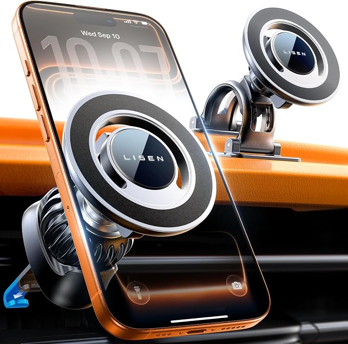 LISEN for MagSafe Car Mount [Strong Magnets] Magnetic Phone Holder for Car Hands Free Cell Phone Mount Cradle Vent & Dashboard Car Accessories for Women Men fit iPhone 17 16 15 14 13 12, Black | 2-in-1 Vent & Dashboard Car Phone Mount 22*N55 Strong Mag... by Lisen