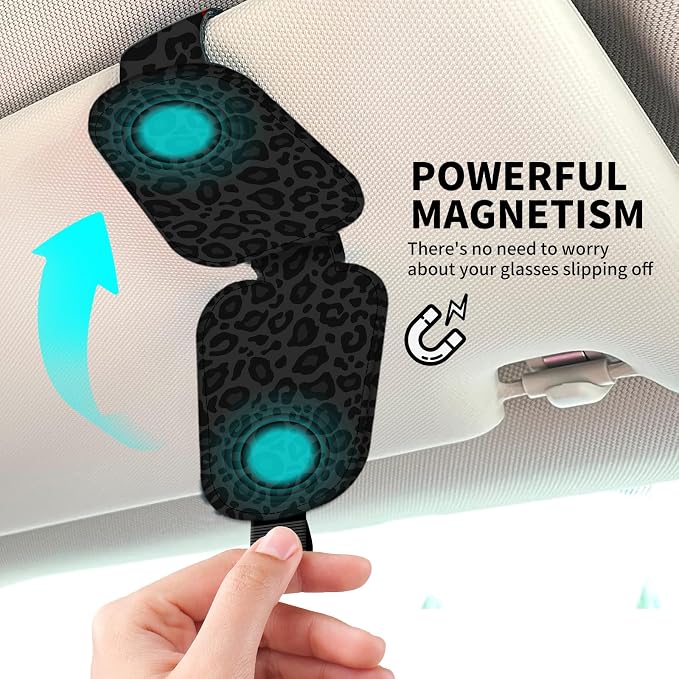Leather Magnetic Sunglass Holder for Car Sun Visor, Cute Eyeglass Ticket Card Hanger Clip, Universal Auto Interior Accessories for SUV Pickup Truck Black Leopard - Image 3