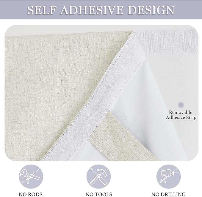 RYB HOME Natural Linen Textured French Door Window Curtains 100% Blackout | Self Adhesive, Thermal Insulated Privacy Energy Saving, Shades for Nursery Office Patio Glass Door, W26 x L80, 1 Panel - Image 2