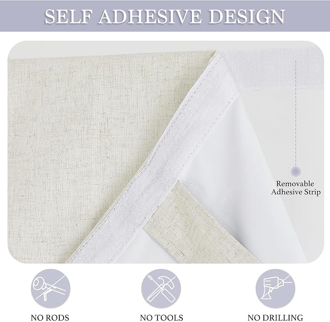 RYB HOME Natural Linen Textured French Door Window Curtains 100% Blackout | Self Adhesive, Thermal Insulated Privacy Energy Saving, Shades for Nursery Office Patio Glass Door, W34 x L69, 1 Panel - Image 2