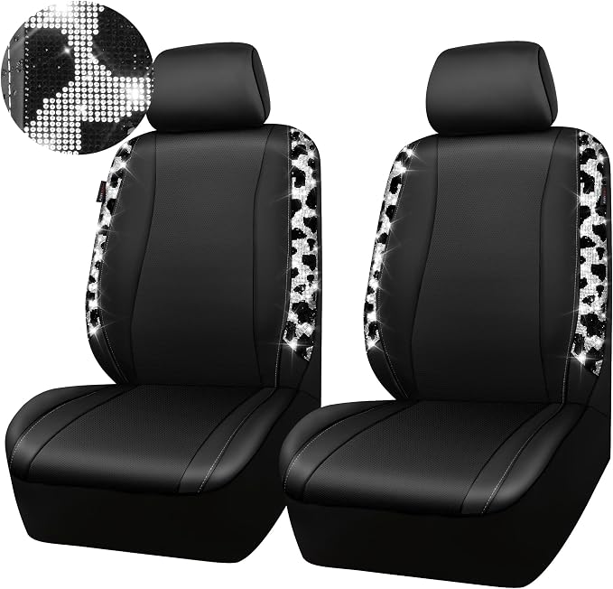 CAR PASS Cow Diamond Leather Bling Car Seat Covers Universal, Faux Shining Rhinestones Two Front only, Fit 95% Automotive Glitter Crystal Sparkle Strips for Cute Women Girl, 2PCS Cow Silver Diamond - Image 9