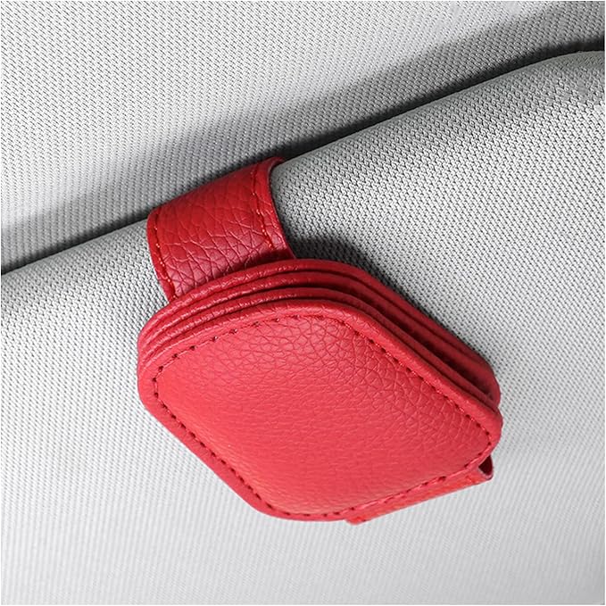 Sunglass Holder for Car, Magnetic Leather Glasses Holder Auto Ticket Card Clip, Sun Visor Eyeglass Hanger Interior Accessories for Sedan Truck SUV, Car Accessories (Red) by Pxobiug