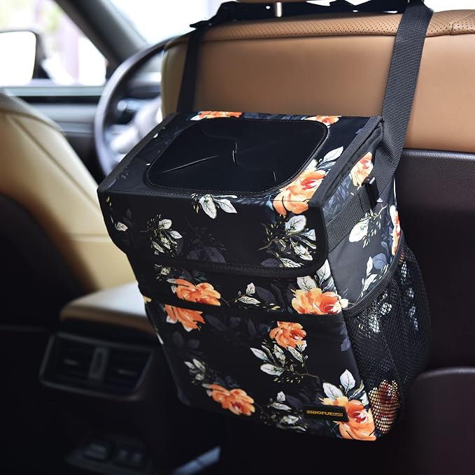 SIBOFUEGO Cute Car Trash Can with Lid – Multipurpose Collapsible Trash Bin for Car, Leak-Proof Organizer, Waterproof Garbage Can with Storage Pockets & Adjustable Straps, 2 Gallons (Flower) - Image 7
