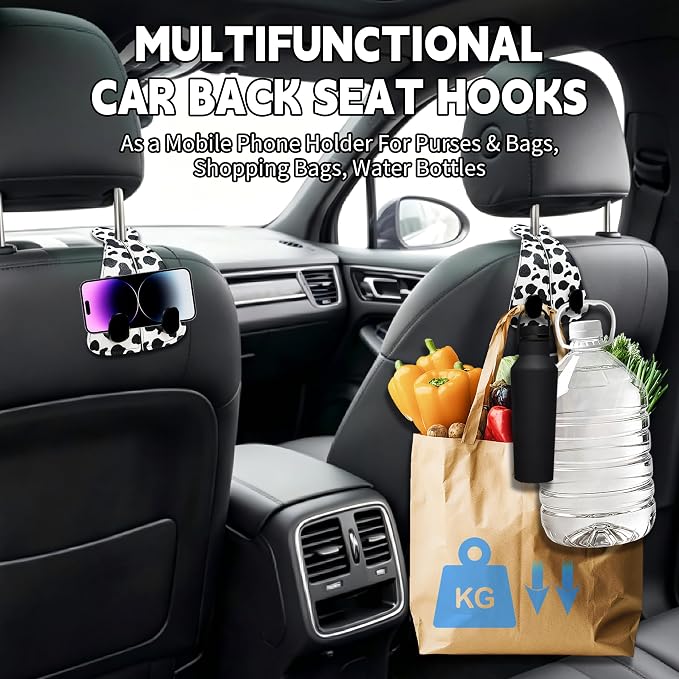 XIANGYUAN 2PCS PU Leather Car Seat Back Storage Headrest Hook,Purse Holder Bags Hanger,Women Car Accessories Organization(Black and white cows) - Image 5