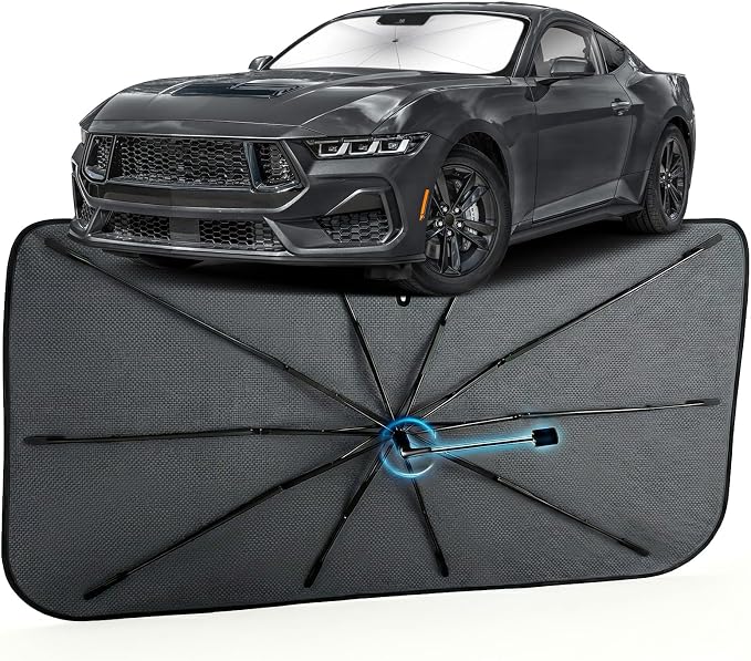Car Windshield Sun Shade Umbrella for Ford Mustang 2024-2026, 1:1 Fit | [Reflective Coated Fabric] Car Shades Sun Visor Keep Car Cool and Protects Interior, Sunshade Umbrella for Front Window by MakeLifeBetter