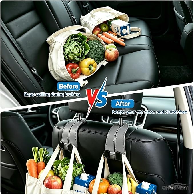 Leather Car Bag Hooks, 2 Pack Headrest Hooks for Handbags & Groceries(Grey) | Double Hook Anti-Drop Design, Holds Up to 50 lbs, Purse Holder, Car Organization, Vehicle Accessories - Image 2