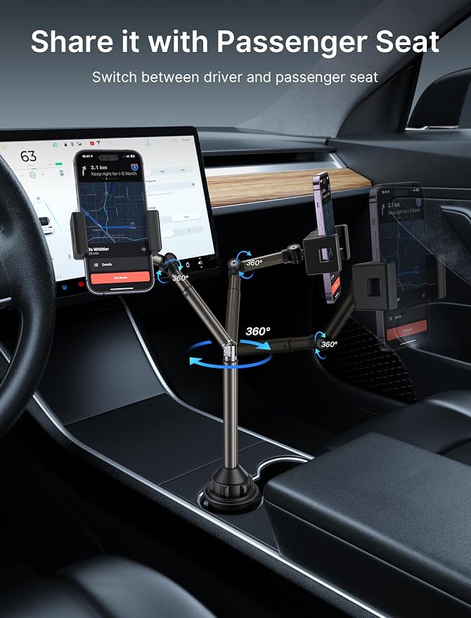 JSAUX Car Cup Holder Phone Mount for Foldable Phones & Mini Tablets | Sturdy Metal Long Arm, Flexible Height and Angle, Adjustable Base, Secure Phone Grip, Fits 2.17-4.33 in Car Cup Holders - Image 8