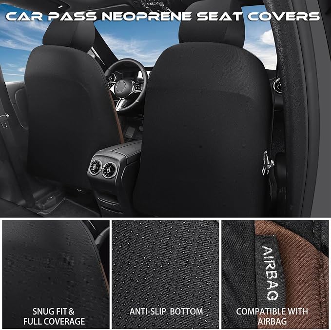 CAR PASS Waterproof Black Brown Car Seat Covers Front Seat Covers Neoprene Wetsuit,All-Weather Non-Slip Durable,Universal Fit for SUV Sedans Trucks Automotive,Airbag Compatible,3D Emboss Black Brown - Image 4