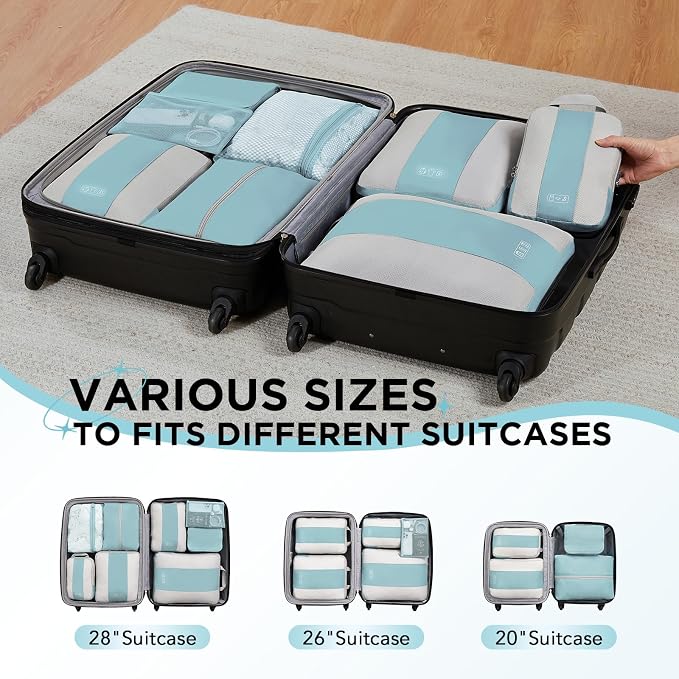 OlarHike 8 Set Compression Packing Cubes for Travel Essentials,Compressible Expandable Space Saver Bags for Organizing Clothes,Luggage Suitcase Garment Bags with Over 1000 pcs Mesh Holes(Blue Gray) - Image 8
