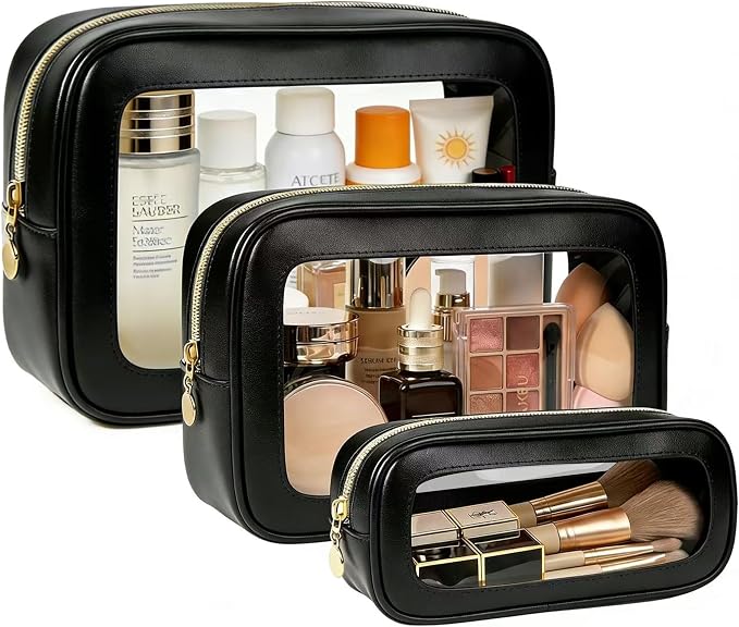 3-Piece Travel Clear Makeup Bag Set, Small Large Clear Cosemetic Bag with Makeup Brush Bag Waterproof Makeup Pouch with Zipper Toiletry Bags For Traveling Car Accessories for Women (Black Set) by FFpaw