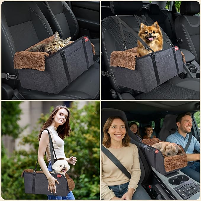 BurgeonNest Center Console Dog Car Seat for Small Pets to 11lbs, Brown | Anti-collapse armrest Console seat with washable fluffy cushion, pillow & tether for stable, cozy pet travel trips. - Image 6