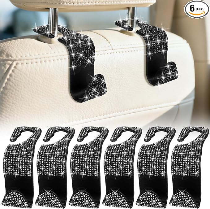 BFXM 6 Pack Car Seat Headrest Hooks,Car Accessories Bling Black | Back Seat Purse Hanger Holder Hook, Universal Storage Organizer for Handbag Grocery Bags Coats by BFXM