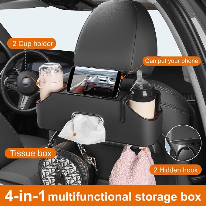 Car Seat Back Cup Holder, 4-in-1 Multifunctional Backseat Organizer with Tissue Box Storage & Hooks (Black) - Image 4
