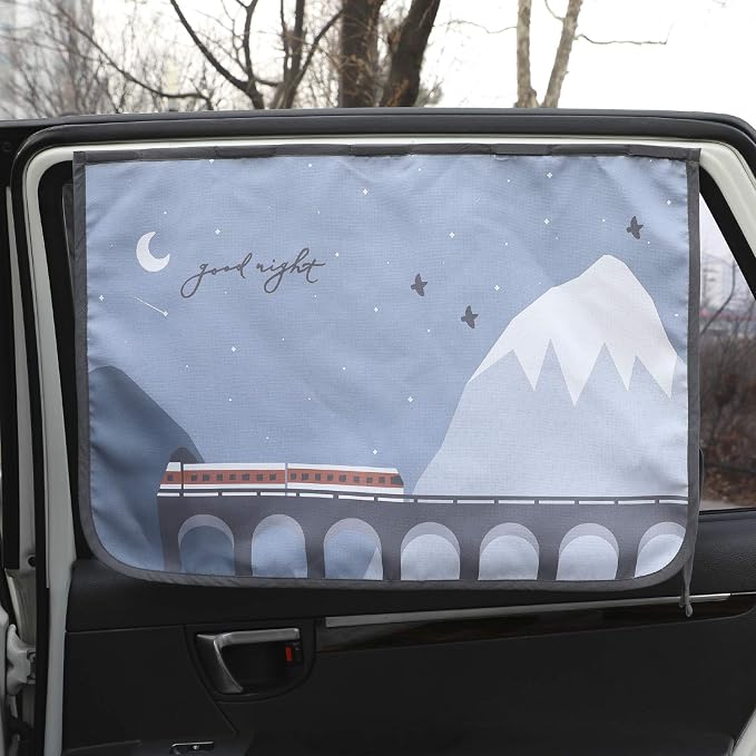 Magnetic Car Sun Shade Curtain for Side Window – Sun Blocker and UV Protector for Baby, Kids, and Pets – Universal Fit with Built-in Magnets for Steel-Framed Door (Bebe Train) - Image 3