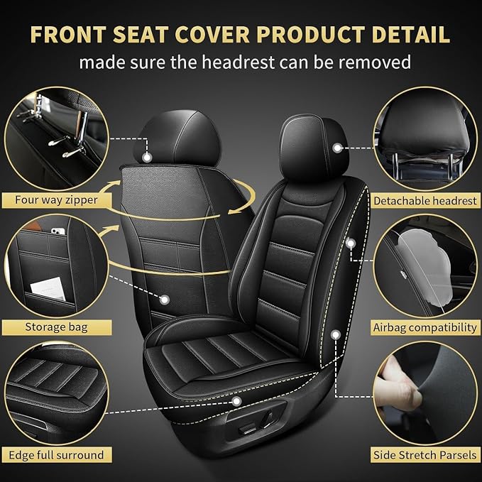 Car Seat Covers Full Set Custom Fit for Nissan Rogue 2014-2020 | Faux Leather Seat Covers Breathable Waterproof Seat Protectors Automotive Seat Cushion with Airbag Compatible Black, 5 Seats - Image 3