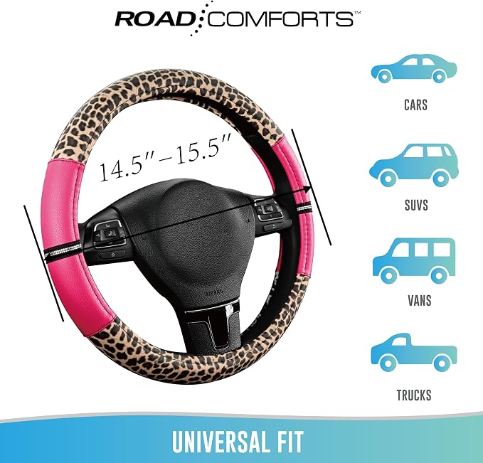 Road Comforts Leopard Steering Wheel Cover for Women, Cute Anti-Slip Microfiber Leather, Universal Fit 14.5-15 Inch Round Steering Wheel - HotPink - Image 6