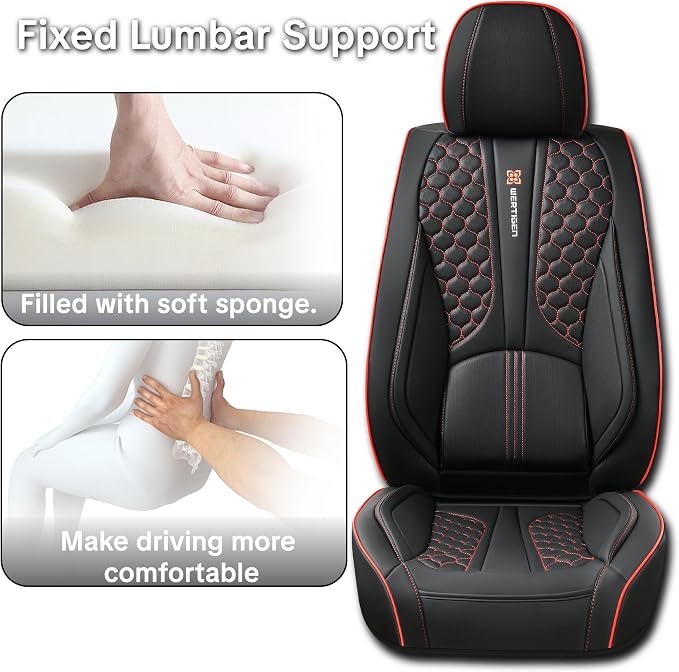 Black and Red Leather Car Seat Cover Set, with Lumbar Support | OEM-Inspired Interior Upgrade - Image 3