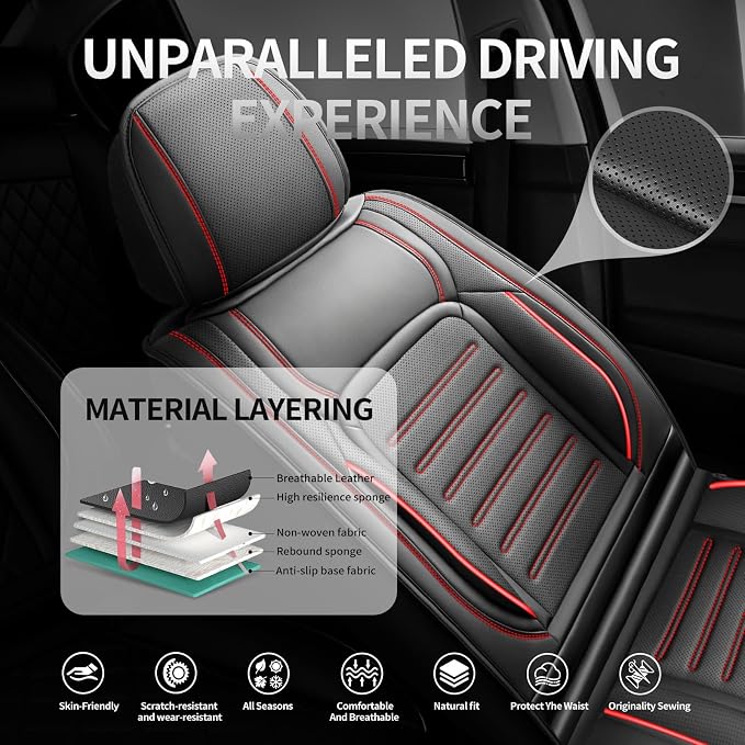 Fit Avalon Car Seat Covers for Toyota Avalon 2001-2021 2022 -Premium Leather, Waterproof，Breathable，All-Weather Seat Cushion Protecto & Airbag Compatible, 2 Front Seat Red Line Black - Image 2