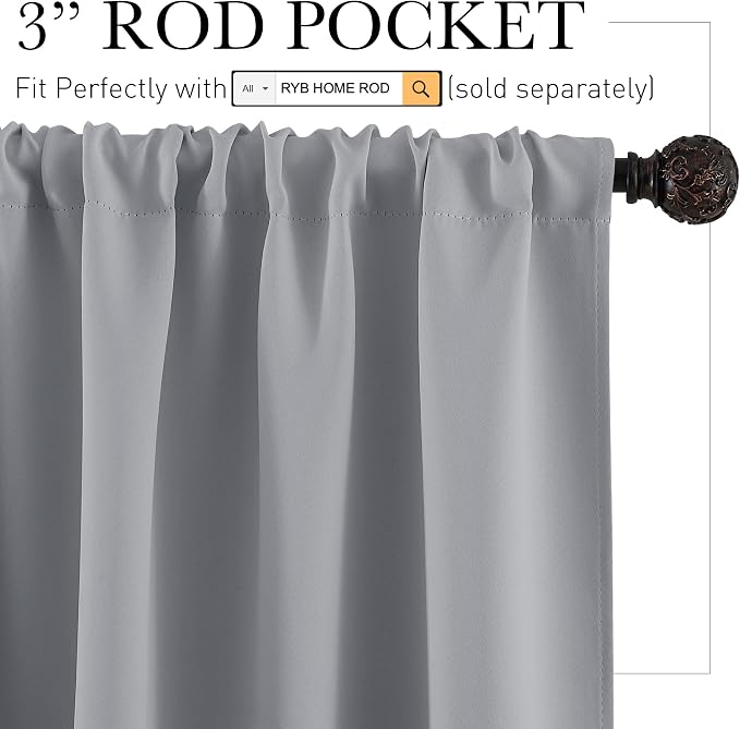 RYB HOME Cafe Blackout Curtains 24 inch Length, RV Camper Window Curtains | Short Small Half Window Tiers,Privacy,Thermal Insulated,Light UV Heat Blocking,Rod Pocket,W29 x L24,Silver Grey,2 Panels - Image 2