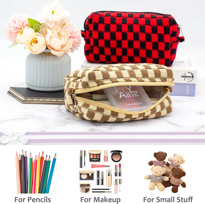PAZIMIIK Checkered Makeup Bag for Purse Portable Zipper Make Up Pouch Small Cosmetic Case for Travel Accessories (Coffee) | Cute Zipper Makeup Organizer for Women, Travel Essentials, Toiletries, Makeup Brushes, Beauty Accessories&Bridesmaid Gifts - Image 2