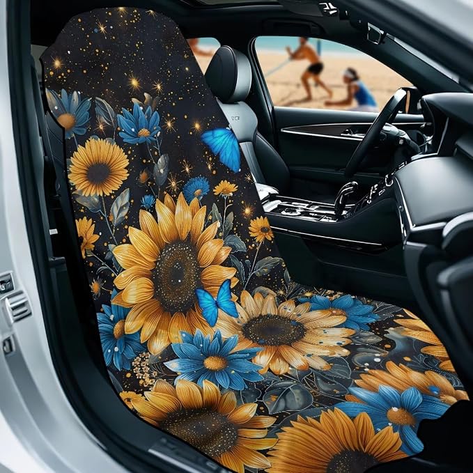 Sunflower Butterfly Car Seat Towel with Storage Bag Sunflower Print Auto Interior Seat Protector Universal Non Slip Waterproof Sweat Protector Universal Car Accessories for Yoga Beach Towels - Image 2