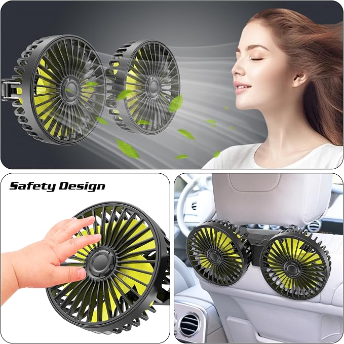 Wowok Car Fan for Rear Seat Passenger Dual Head USB Car Seat Fan for Backseat Kids, 360° Rotatable 3 Speeds Air Circulation Fans for Baby, USB Fans with Adjustable Clip for Vehicles SUV RV Vehicles - Image 2
