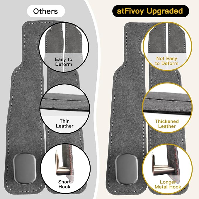 WideFit Car Headrest Hooks, 2 Pack for Wide-Strap Bags, Brown | 0.98 in opening fits thick purse straps. Premium leather and dual metal hooks hold up to 40 lb and rotate 360°. - Image 5