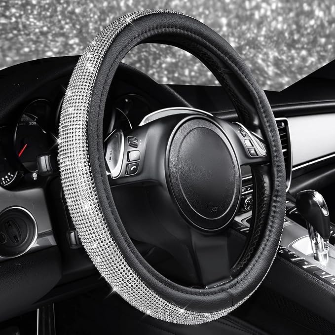 CAR PASS Bling Diamond Leather Steering Wheel Cover, with Bling Sparkly Crystal Glitter Rhinestones Universal Fit 14.5in-15in Car Wheel Protector for Women Girl Fit Suvs,Vans,Sedans,Car,Trucks, Silver - Image 7