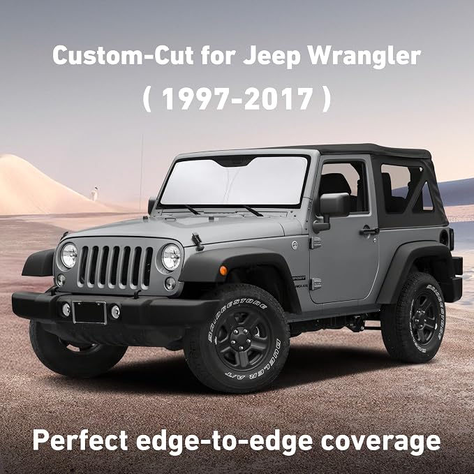 EcoNour Windshield Sunshade for Jeep Wrangler Rubicon Sahara 1997-2016 2017 | TJ JK JKU2 4DOOR Sun Visor for Front Windshield & Window Sun Shade Cover, UV Heat Blocker, Car Accessories - Image 2